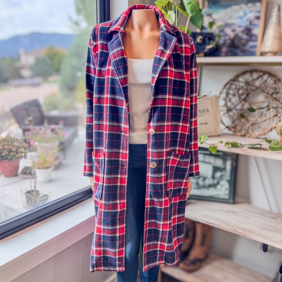 Hem & Thread Red & Navy Plaid Flannel Trench Style Coat Jacket, Women's Small - Picture 1 of 10